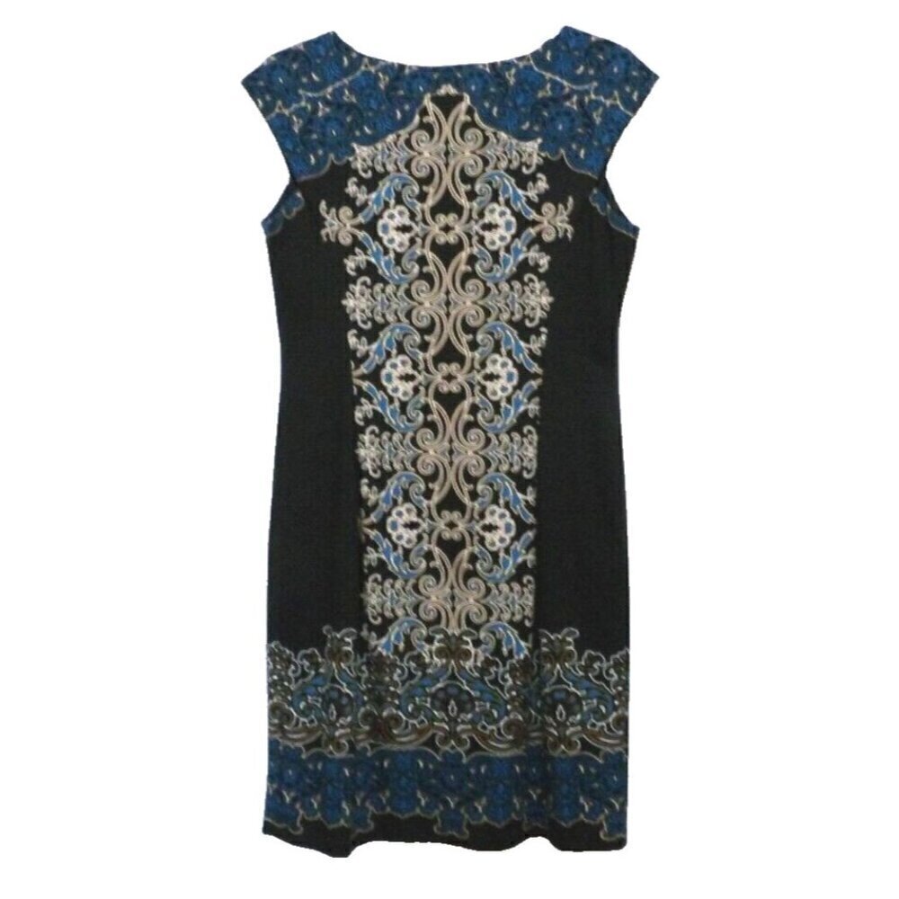 MAGGY LONDON blue, gold & black lined sleeveless polyester blend dress womens 12
